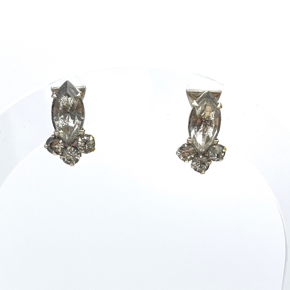 Vintage Smoky Grey Rhinestone Clip On Earrings Silver Tone Floral Engraved Backs